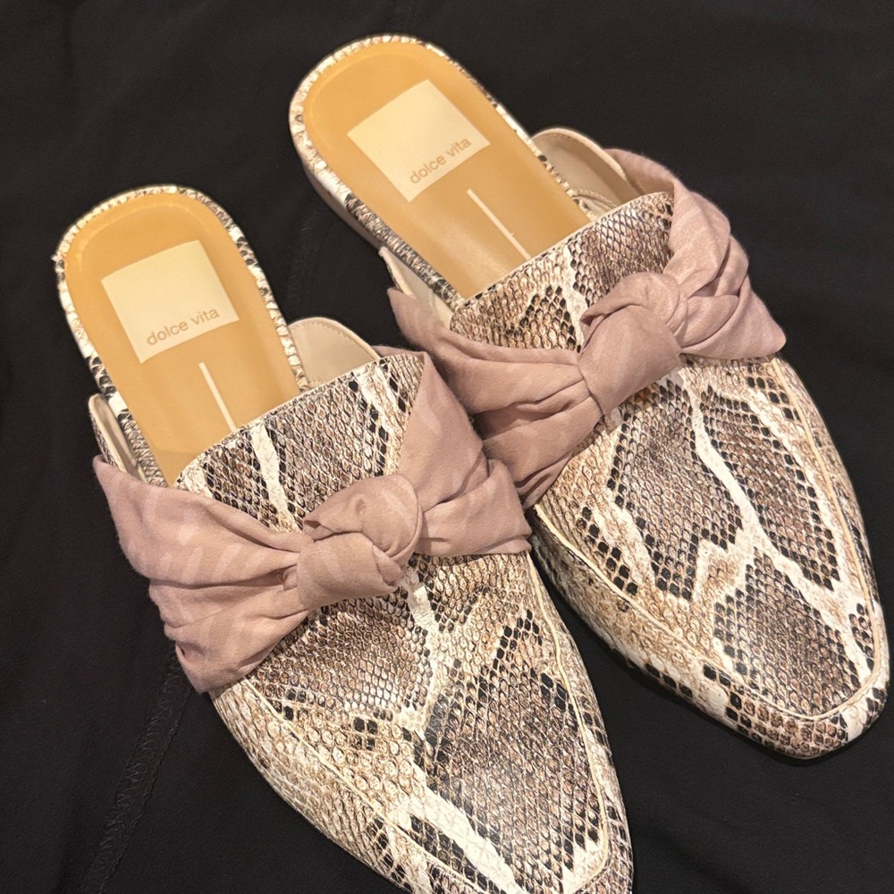 Dolce Vita Snakeskin Mules with Soft Pink Bow